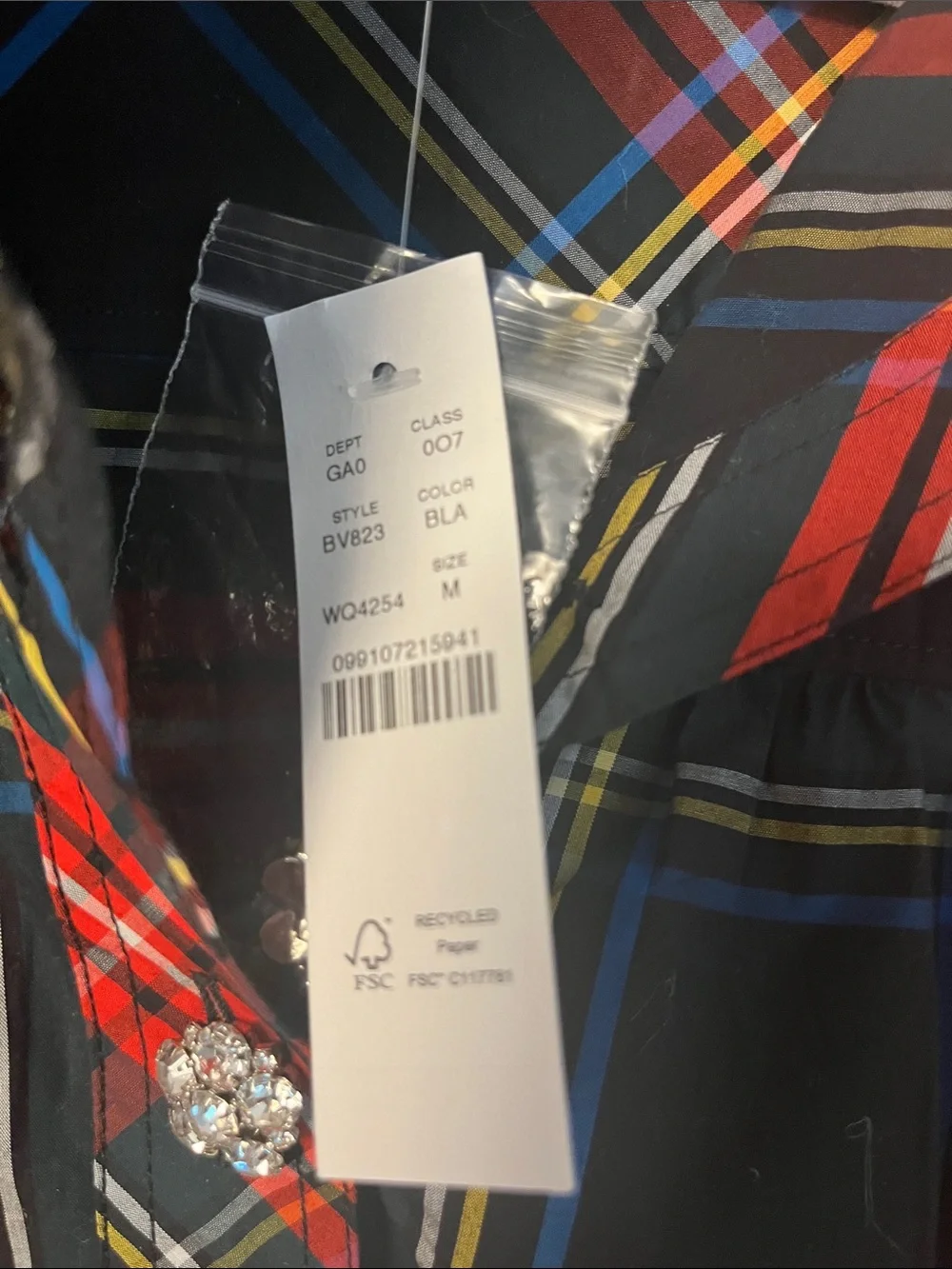 J. Crew Black Plaid Button-Up Blouse with Red and Yellow Stripes